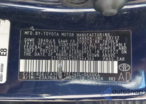 2013 Toyota Corolla L z USA, uszkodzony, nr VIN 2T1BU4EE5DC944364